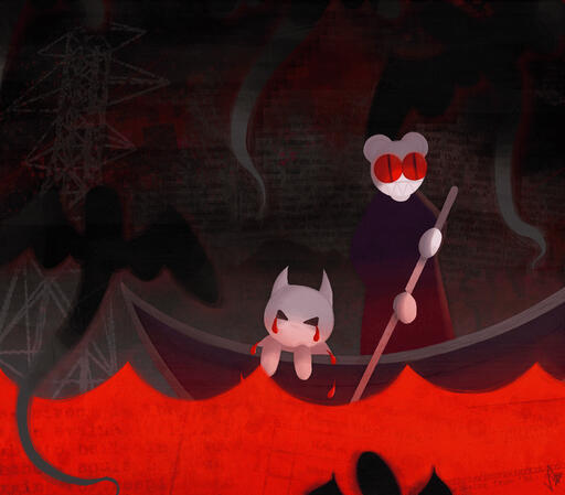 fanart based on the lyrics to the song "pyramid song" by radiohead. depicts the minotaur and the modified bear, characters that appear in radiohead promotional material