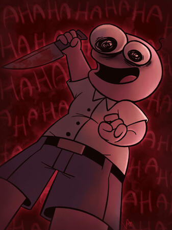 fanart of pim after he snaps in the smiling friends season 3 halloween special. he is my favorite 2010s creepypasta