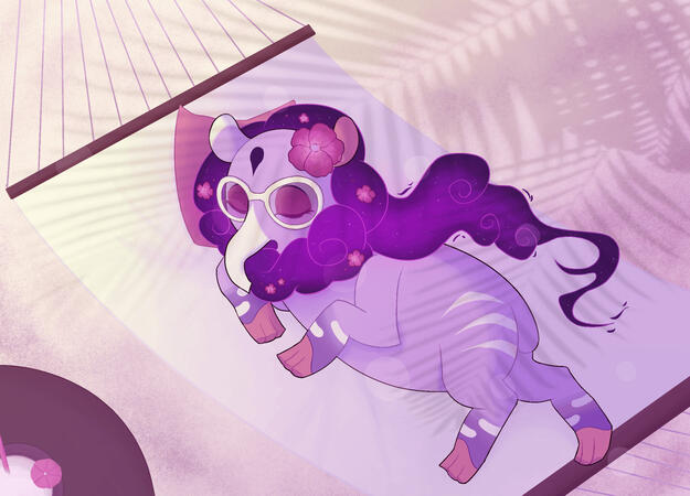 fanart of nidra from the game them's fightin' herds relaxing on a beach. made for a zine