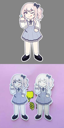 sticker design of mizuki akiyama from the game project SEKAI. includes a normal and holographic version (on the right -- hard to see on the image)