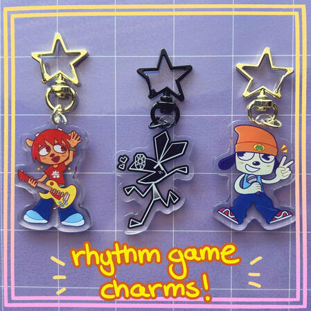 keychain designs of lammy, vibri, and parappa -- characters from various nanaon-sha rhythm games